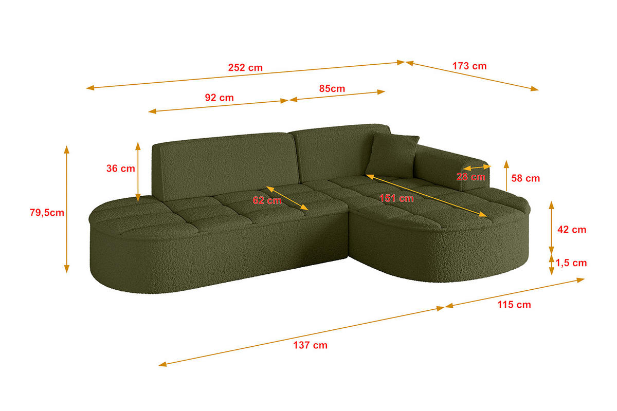 ECKSOFA Ottomane Rechts LIVO-L1 - 252x173x79,5 cm Grün - Grün, Holzwerkstoff/Textil (252/173cm) - ALTDECOR