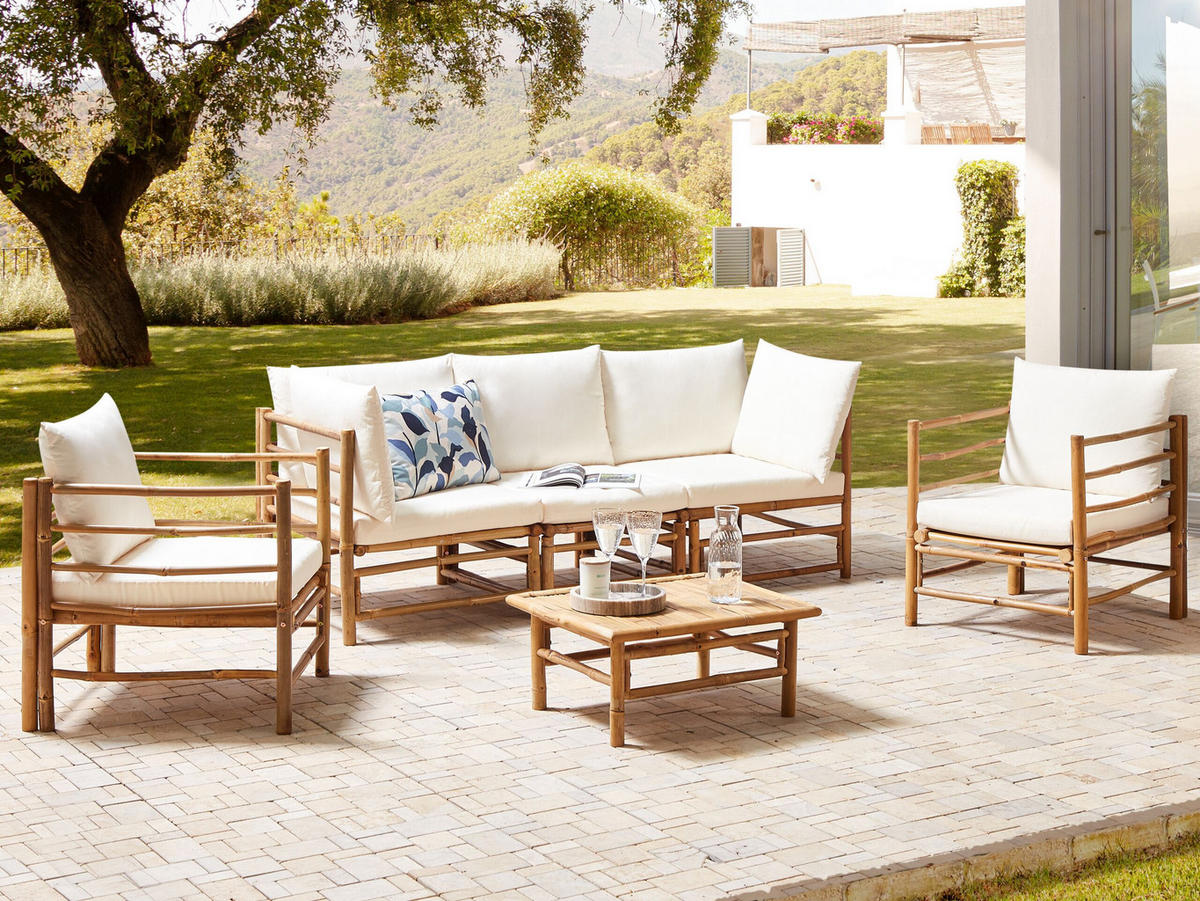 LOUNGE SET 5-Sitzer Bambusholz hellbraun 4-teilig Auflagen cremeweiß Cerreto - Creme, Holz - Beliani