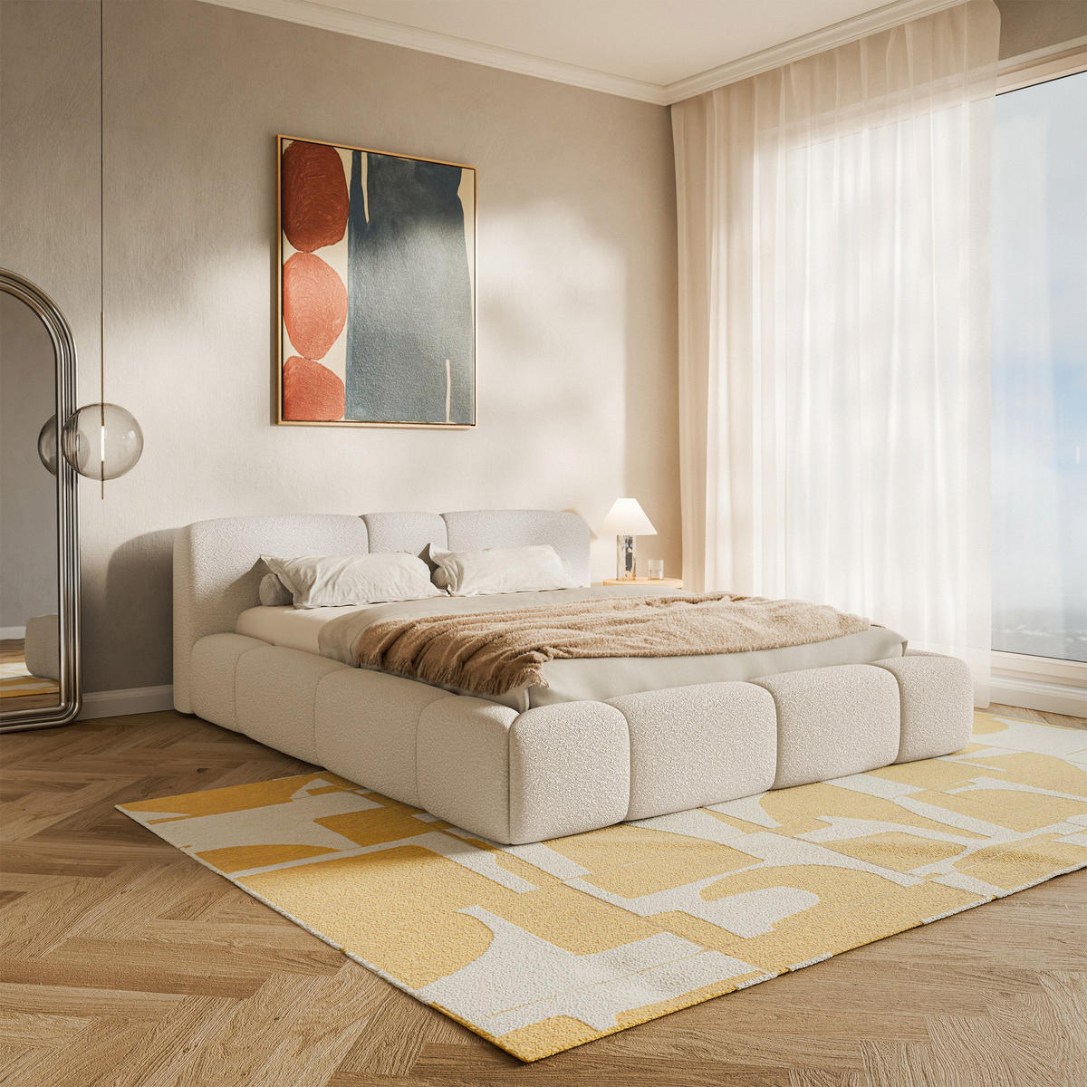 ČALOUNĚNÁ postel Bowia, světle béžové bouclé, 180x200 cm - černá/ecru, textil (180/200cm) - Selsey