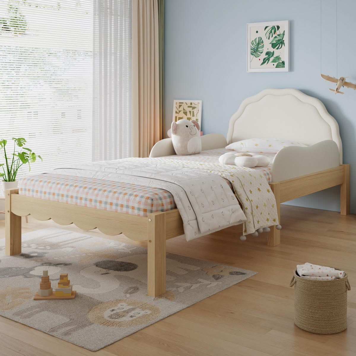 KINDERBETT 90/200 cm aus Holz mit gepolstertem PU-Kopfteil Beige/Natur - Beige, Holz (90/200cm) - Modenvie