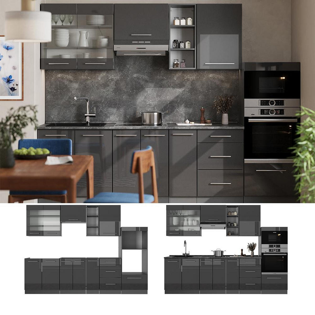 KUCHYŇSKÝ KOUT Fame-Line Antracitový vysoký lesk 280 cm , PD Mramor - antracitová, kompozitní dřevo (280/153.6/60cm) - Vicco