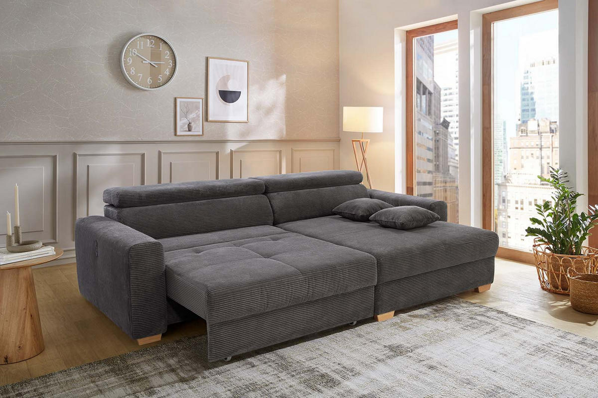 ECKSOFA mit elektrischer Sitztiefenverstellung, Kopflehnen verstellbar, USB-A und USB-C Ladefunktion B277/T187/H109 cm, Cord Grau Anthrazit / 15402 - Schieferfarben/Eichefarben, Eichenholz/Textil (277/187cm) - luma-home