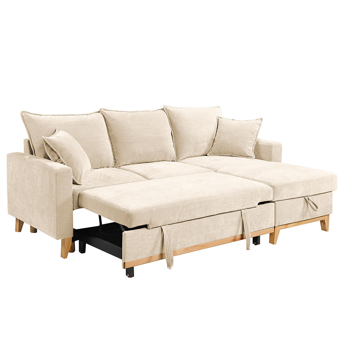 ECKSOFA mit Schlaffunktion - Flachgewebe - Hellbraun/Beige, Holz/Textil (214/145cm) - home24