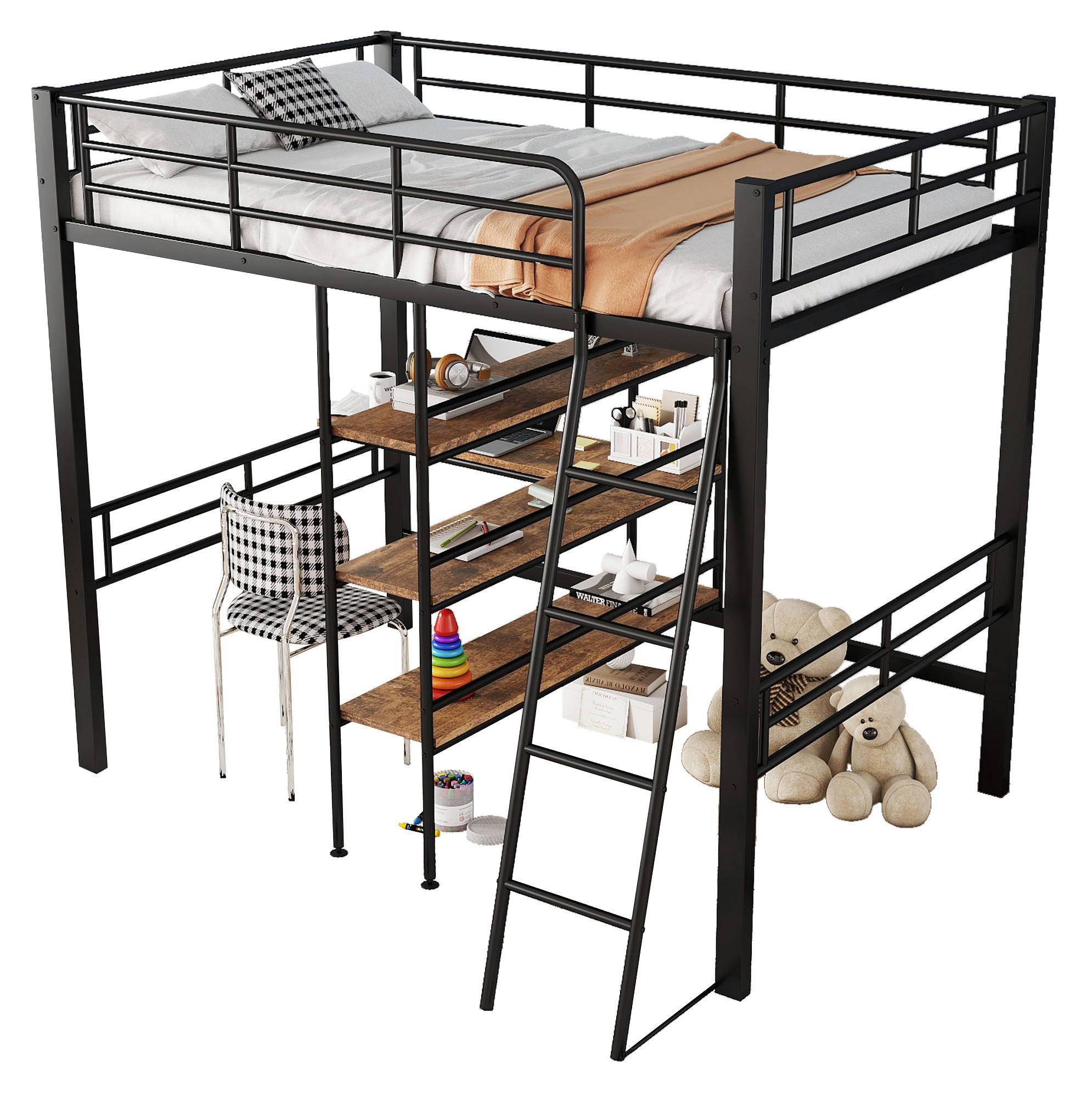 HOCHBETT 90/200 cm aus Metall mit Schreibtisch und Regalen Schwarz - Schwarz, Metall (90/200cm) - Modenvie