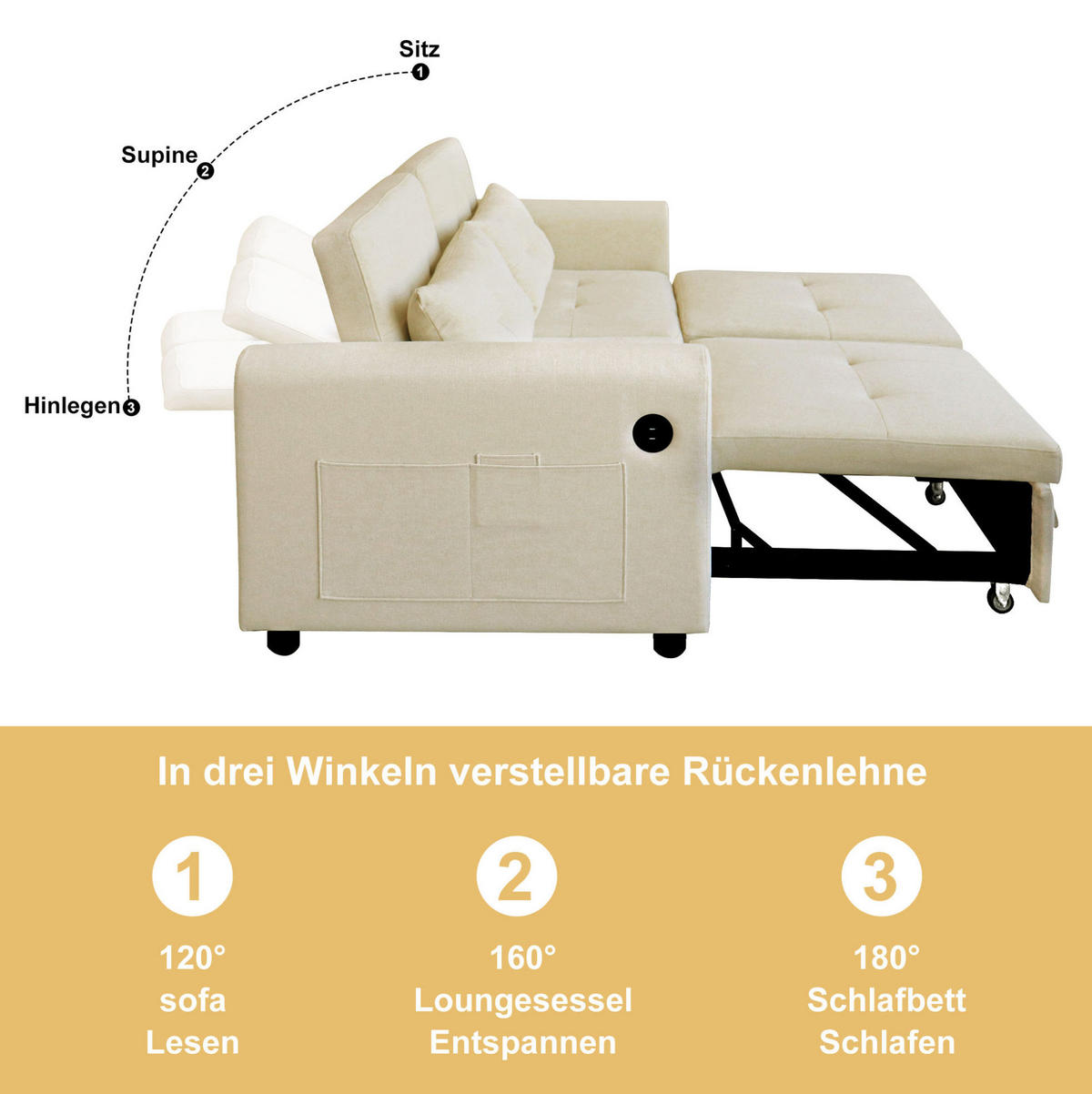 SCHLAFSOFA aus Baumwoll-Leinen 142x85x83 cm Beige mit USB, Armlehnentaschen und verstellbarer Rückenlehne - Beige, Textil (142/83/85cm) - Modfu