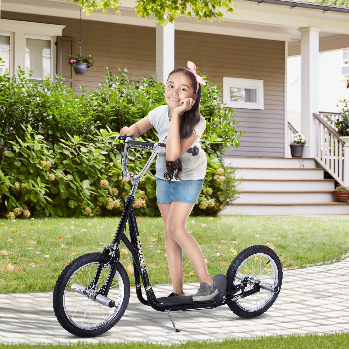 KINDERROLLER mit Luftreifen Scooter Roller Kinder Roller Kickboard 16'' Schwarz - Schwarz, Metall (143/58/100cm) - HOMCOM