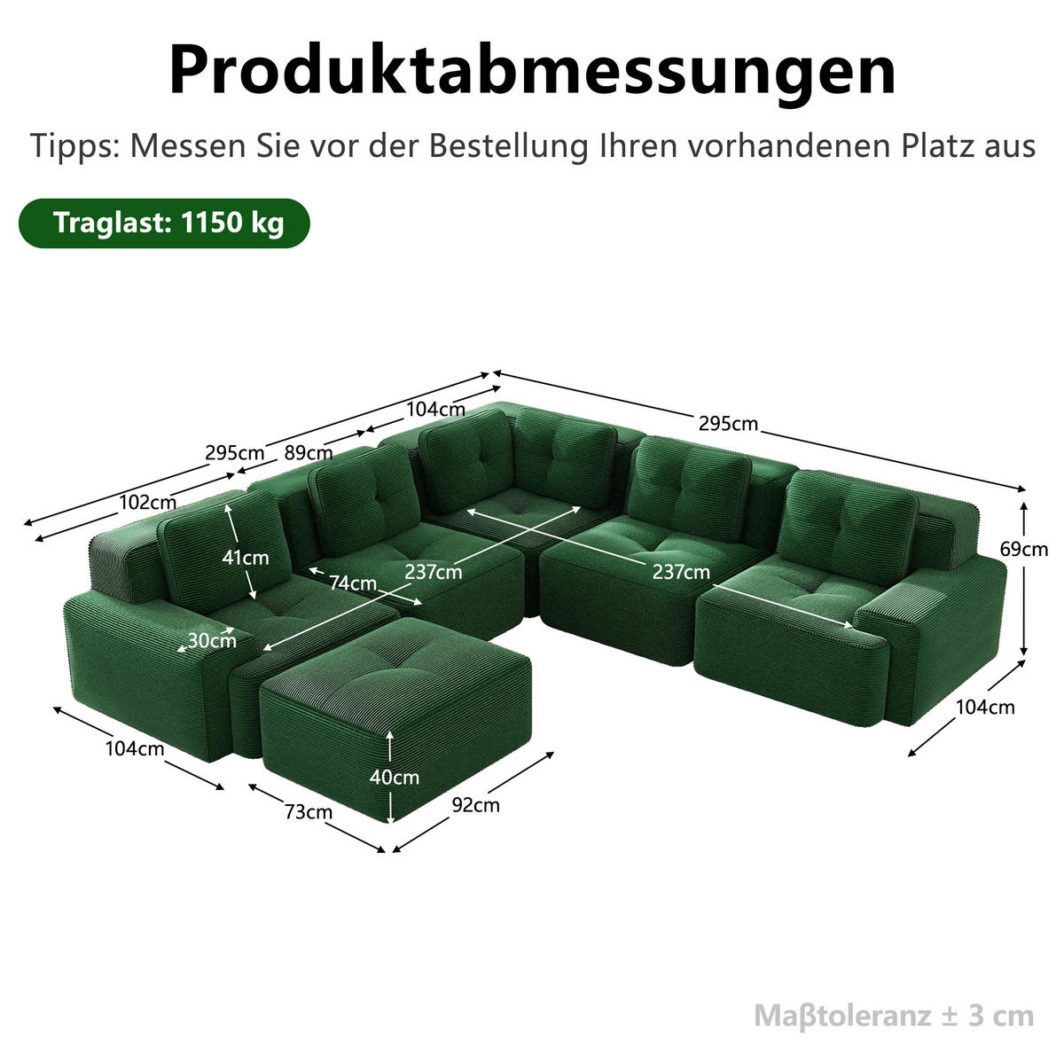 WOHNLANDSCHAFT DE-34424 mit Ottoman und Cordstoff Grün - Grün, Textil (295/69/295cm) - ComfortXL
