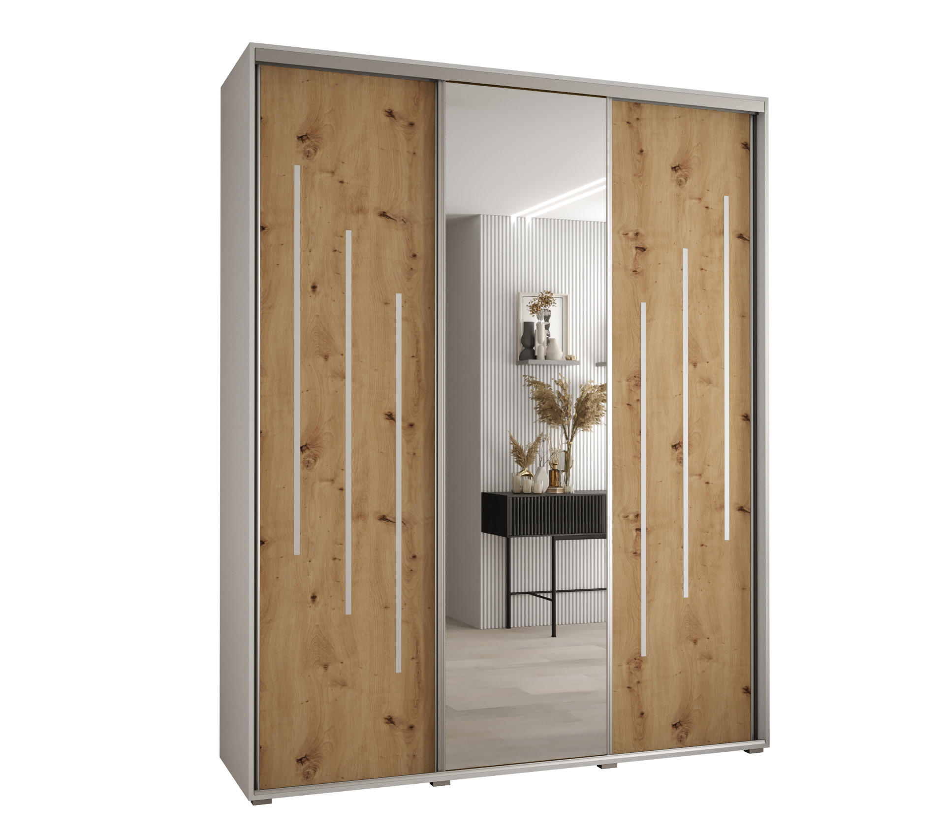 Abiks Möbel Schwebetürenschrank Weiß, Eiche Artisan, Silber 190x235x60 cm