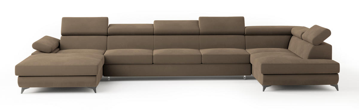 WOHNLANDSCHAFT MONTIVA Beige Velours-Stoff mit Schlaffunktion - Beige, Holz (410/89/190cm) - MASSENO