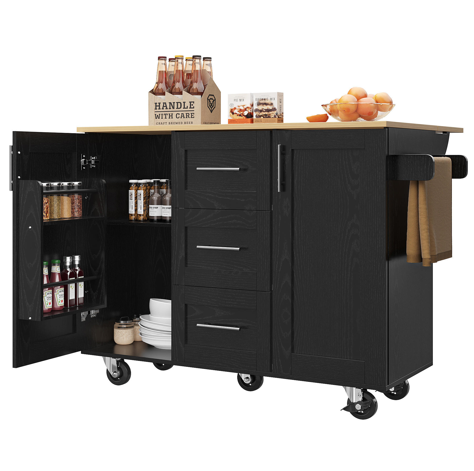 KÜCHENWAGEN 135x74x87.2cm Schwarz mit Klappseiten, 3 Schubladen, Snackregal & 5 Rollen - Schwarz, Holzwerkstoff (135/87.2/74cm) - Modfu
