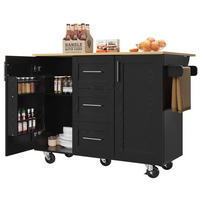 KÜCHENWAGEN 135x74x87.2cm Schwarz mit Klappseiten, 3 Schubladen, Snackregal & 5 Rollen - Schwarz, Holzwerkstoff (135/87.2/74cm) - Modfu