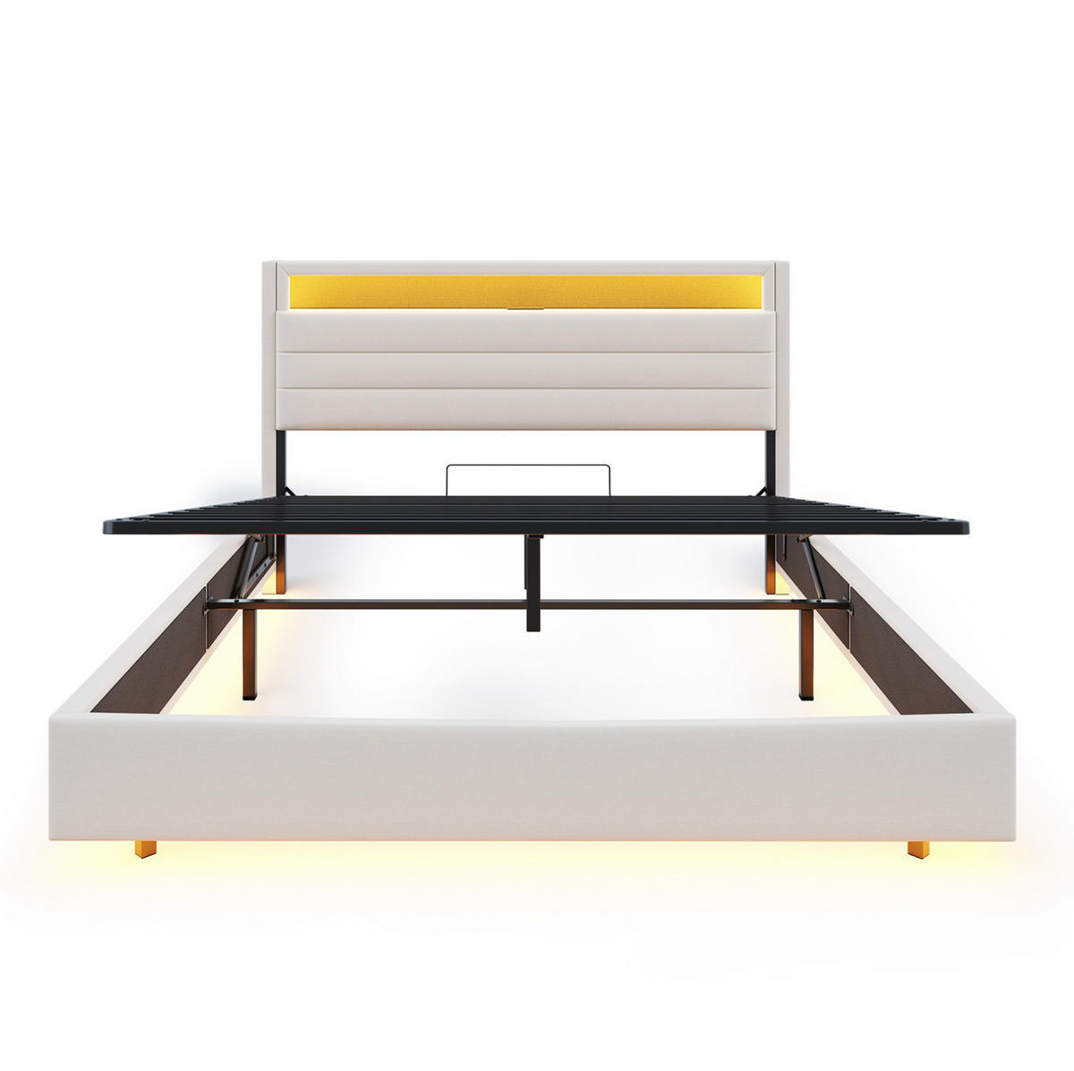 POLSTERBETT 140/200 cm Beige mit hydraulischem Stauraum und LED-Beleuchtung - Beige, Textil (140/200cm) - OKWISH