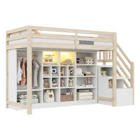 HOCHBETT 90/200 cm in Weiß & Natur mit Stauraum, Kleiderschrank und LED Holz Design - Weiß/Naturfarben, Holzwerkstoff (90/200cm) - STILVORA