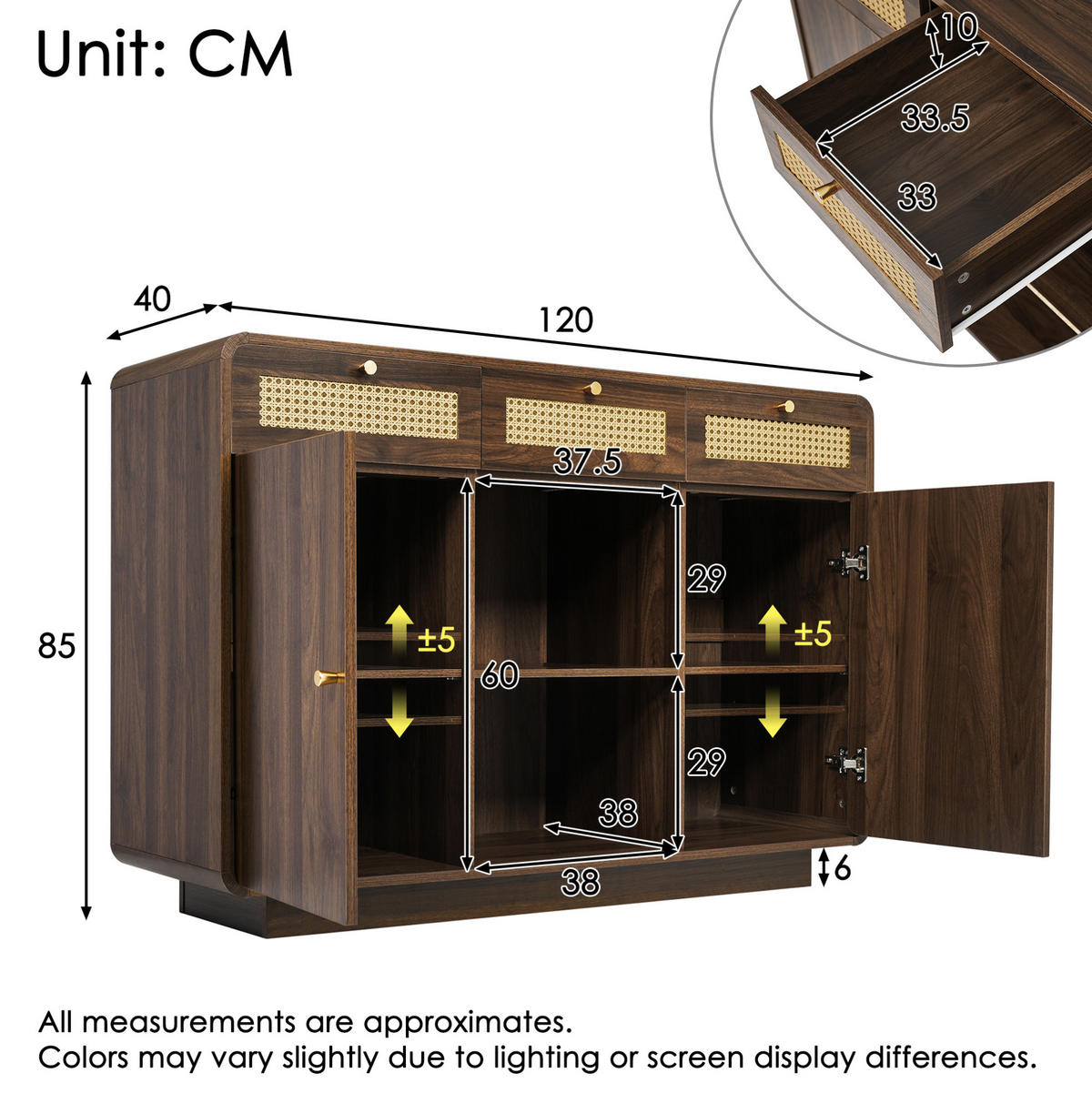 SIDEBOARD aus MDF und Spanplatte 40x120x85 cm Nussbaum mit Rattanfronten und verstellbaren Einlegeböden - Walnussfarben, Holzwerkstoff (120/85/40cm) - IVMEU