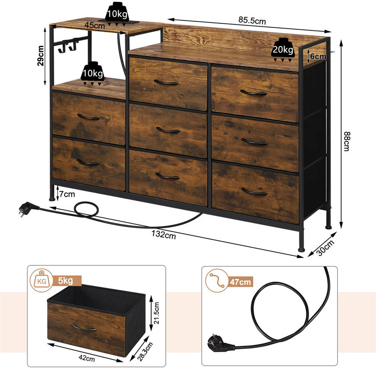 KOMMODE 8 Schubladen mit Ladestation Sideboard 132x88x30 cm - Braun, Metall (132/88/30cm) - Kaket