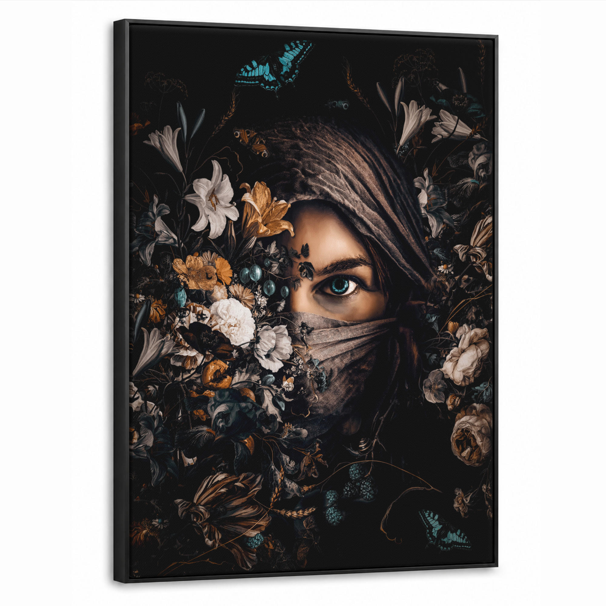 LEINWAND Bilder mit Rahmen - Frau - Luxus - Blumen - Schmetterling - Porträt - 70x100 - Schwarz, Textil (70/100cm) - MuchoWow