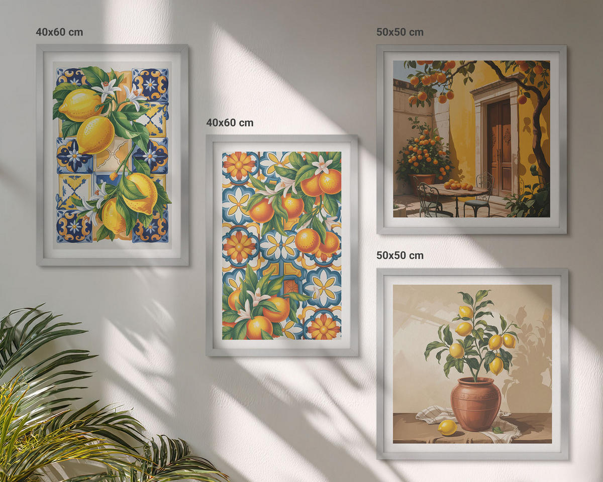 WANDBILDER 4er Set - 50x50 cm & 40x60 cm Silberner Rahmen - Zitronenorange Blütenmuster - Silberfarben, Kunststoff (50/50cm) - ArtPrintCave