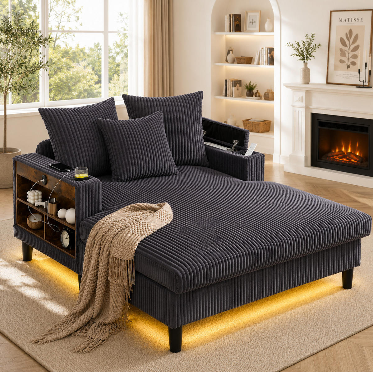 SCHLAFSOFA 129/170/70 cm aus Cord mit LED-Beleuchtung und USB-Anschluss Dunkelgrau - Dunkelgrau, Textil (170/70/129cm) - Modenvie
