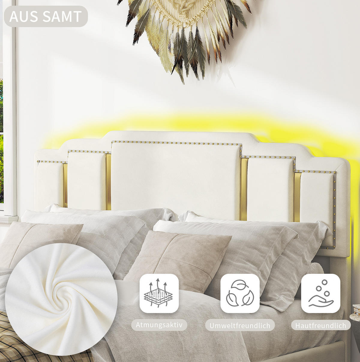 POLSTERBETT 140/200 cm aus Samt mit LED-Beleuchtung und 4 Schubladen Beige - Beige, Textil (140/200cm) - Modenvie