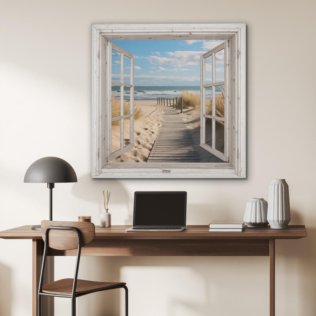 AKUSTIKPANEEL Fenster - Meer - Küste - Natur - Ausblick - Strand - Wattenmeer 90x90 cm - Beige, Textil (90/0.9/90cm) - MuchoWow