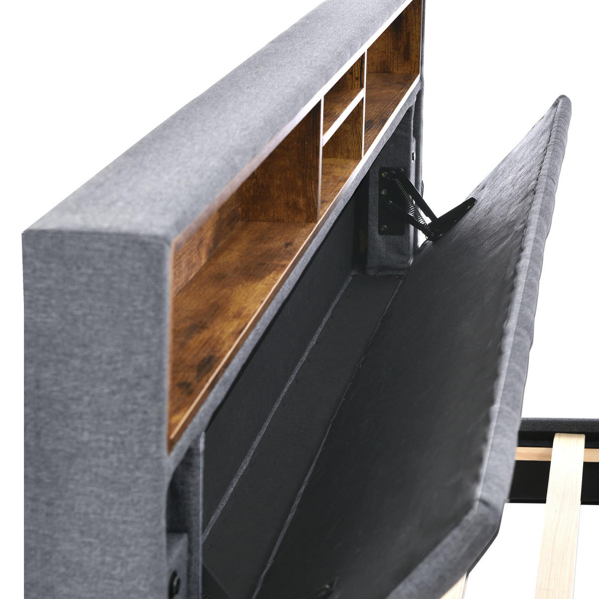 POLSTERBETT aus Massivholz 140x200 cm in Grau mit LED-Beleuchtung & Stauraum-Kopfteil - Grau, Holz (140/200cm) - Modfu