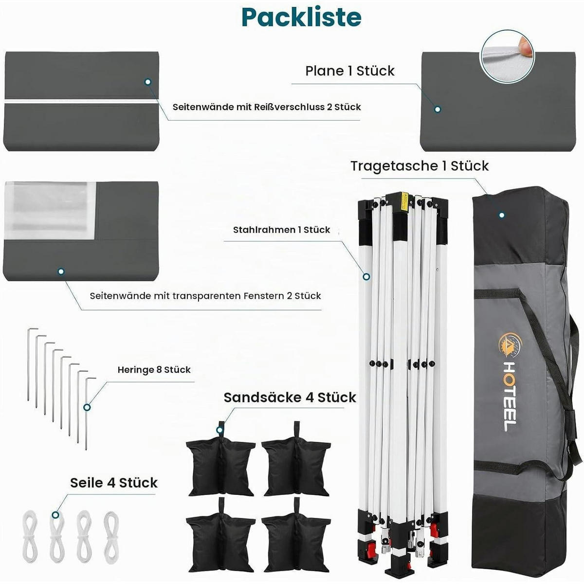 FALTPAVILLON 3x3m Grau mit 4 Seitenwänden Wasserdicht UV Schutz 50+ - Grau, Textil (22/26/118cm)