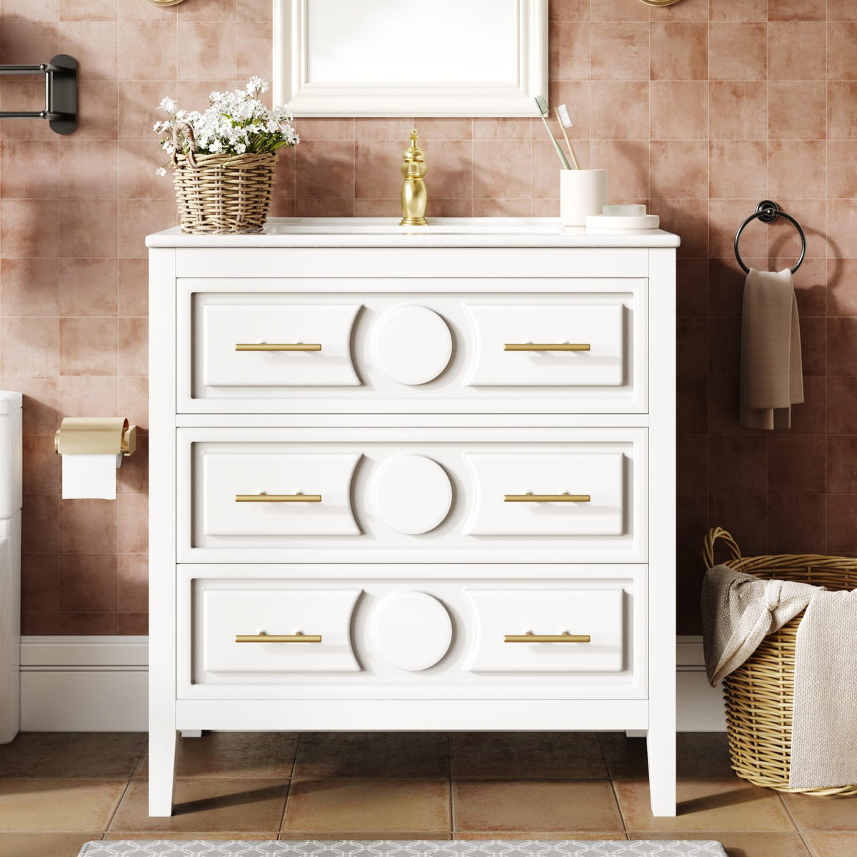 BADEZIMMERUNTERSCHRANK aus MDF 81x46,5x86,5 cm Weiß mit Keramikbecken, 3 Schubladen und Soft-Close - Weiß, Holzwerkstoff (81/86.5/46.5cm) - Modfu