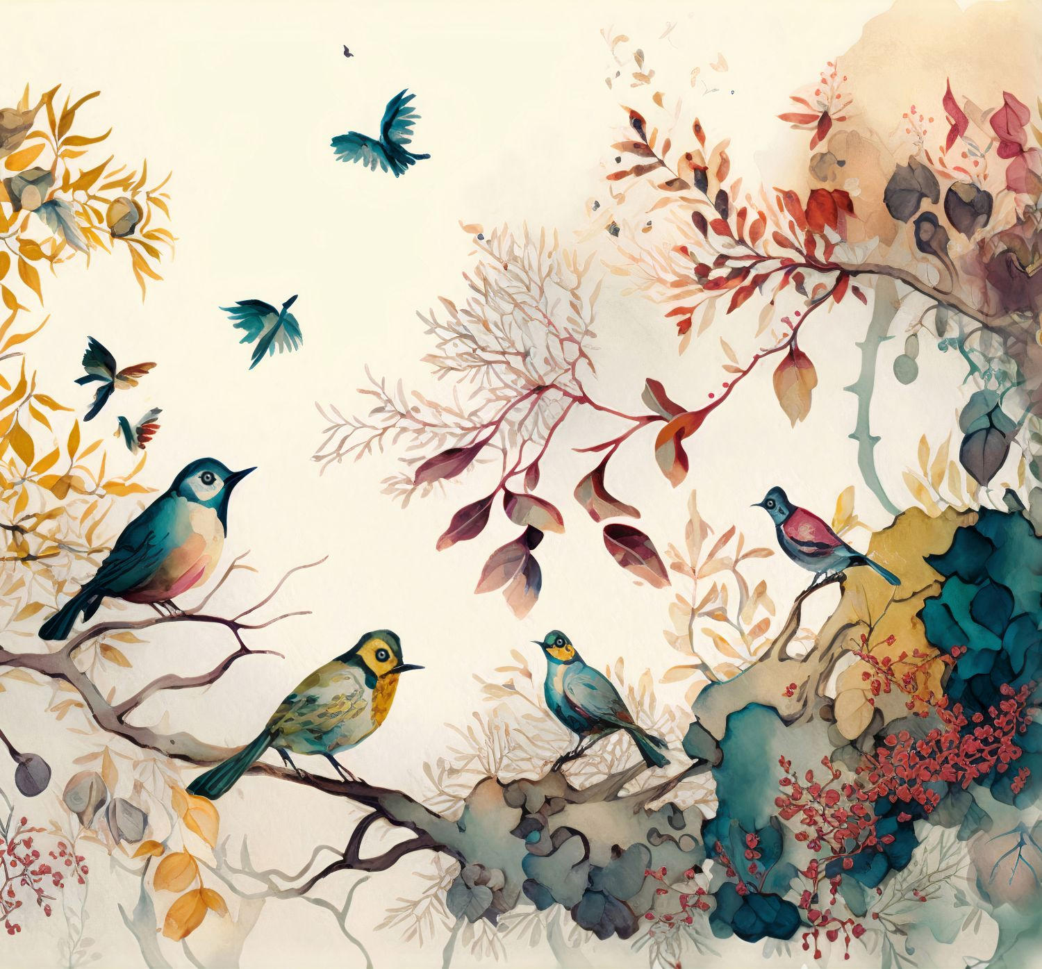 FOTOTAPETE tropische Dschungelblätter und Paradiesvögel 300 x 279 cm - Multicolor, Papier (300/279cm) - Sanders & Sanders