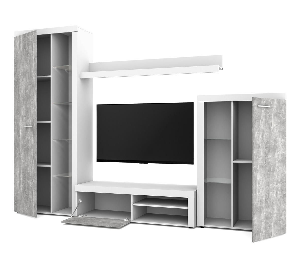 WOHNWAND Spacoro Weiß, Beton 270/190/41 cm Wohnwand Modern ohne LED - Hellgrau/Weiß, Holzwerkstoff/Kunststoff (270/190/41cm) - AX Living
