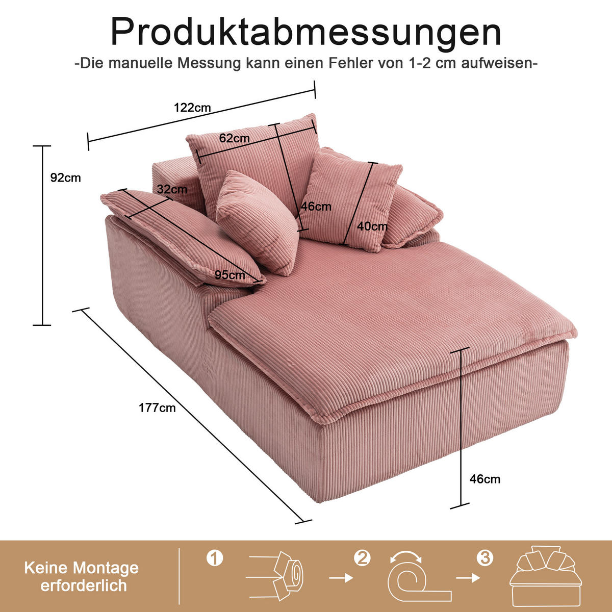 LIEGESOFA Cord ergonomisch mit breiten Armlehnen 177/122/92 cm Rosa - Rosa, Textil (122/92/177cm) - Redom