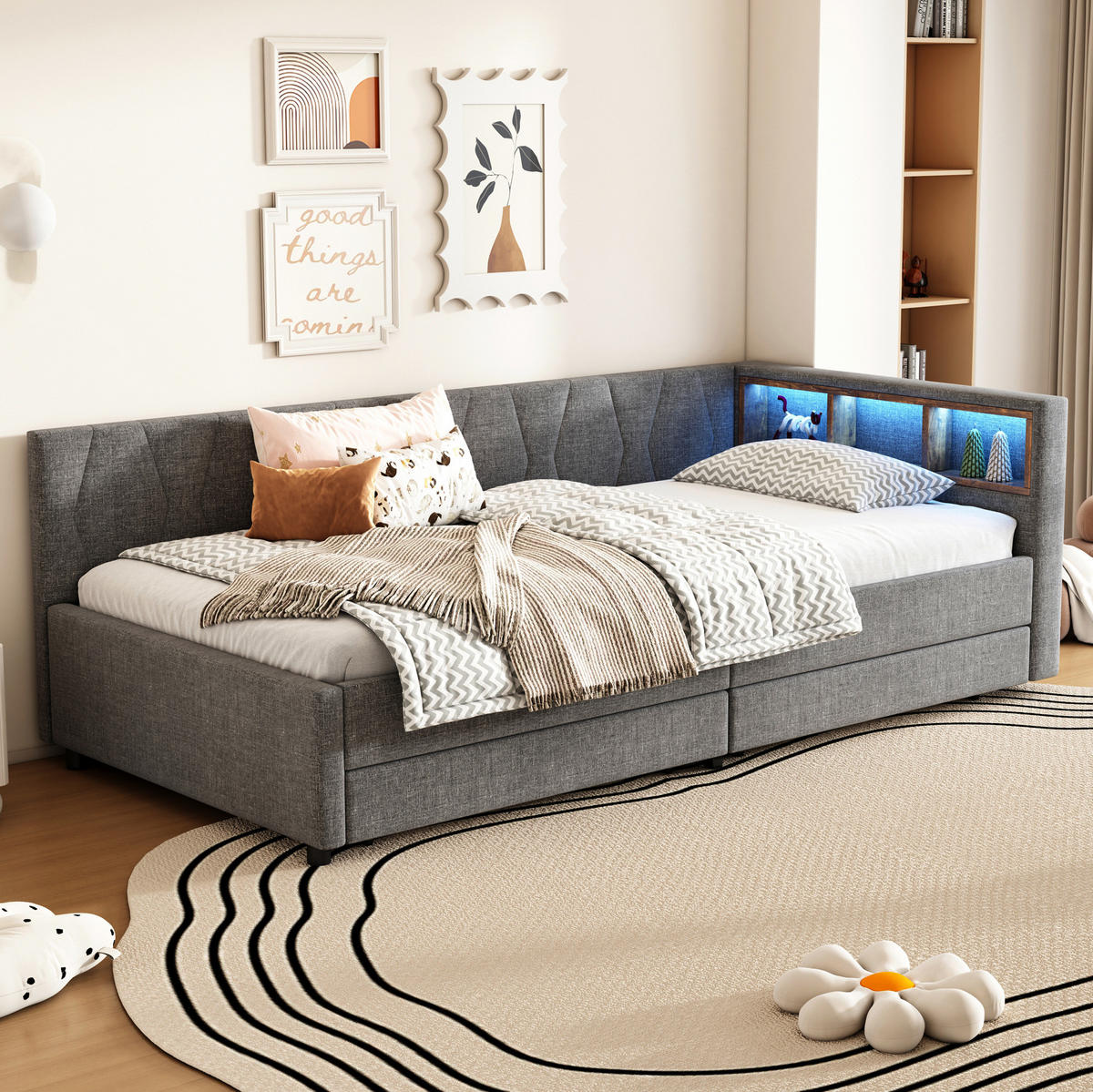 POLSTERBETT 90/200 cm mit Schubladen, LED und USB- und Type-C-Anschlüssen - Grau, Textil (90/200cm) - Flora Grace