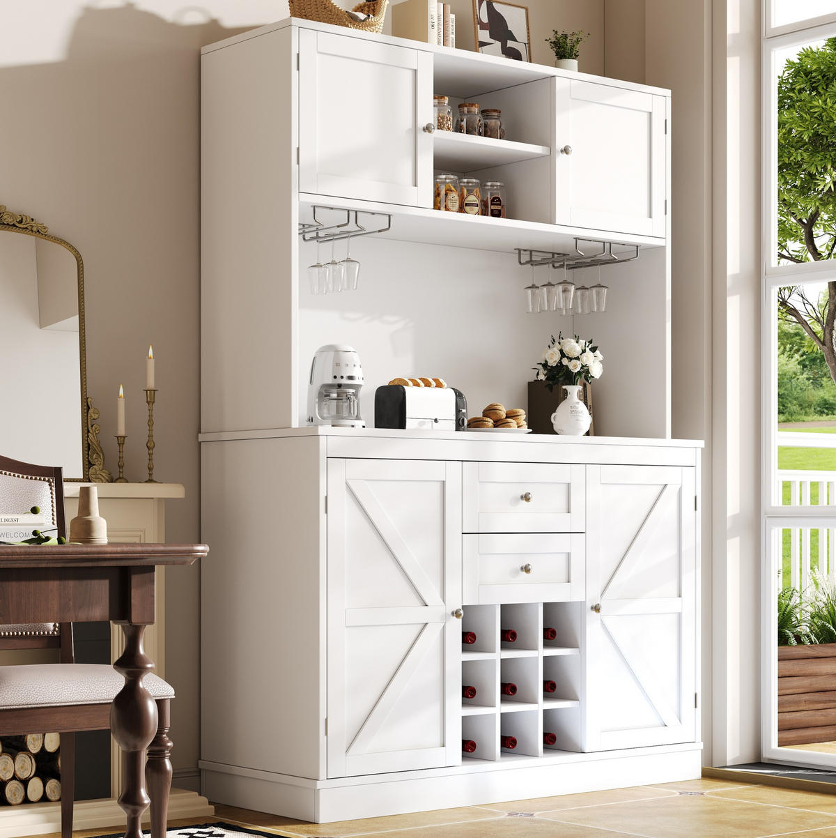 KÜCHENBUFFET/HOCHSCHRANK aus MDF in Weiß, mit Weinregal und 3D-Türen, 120/40/188 cm, Weiß - Weiß, Holzwerkstoff (120/180/40cm) - Redom
