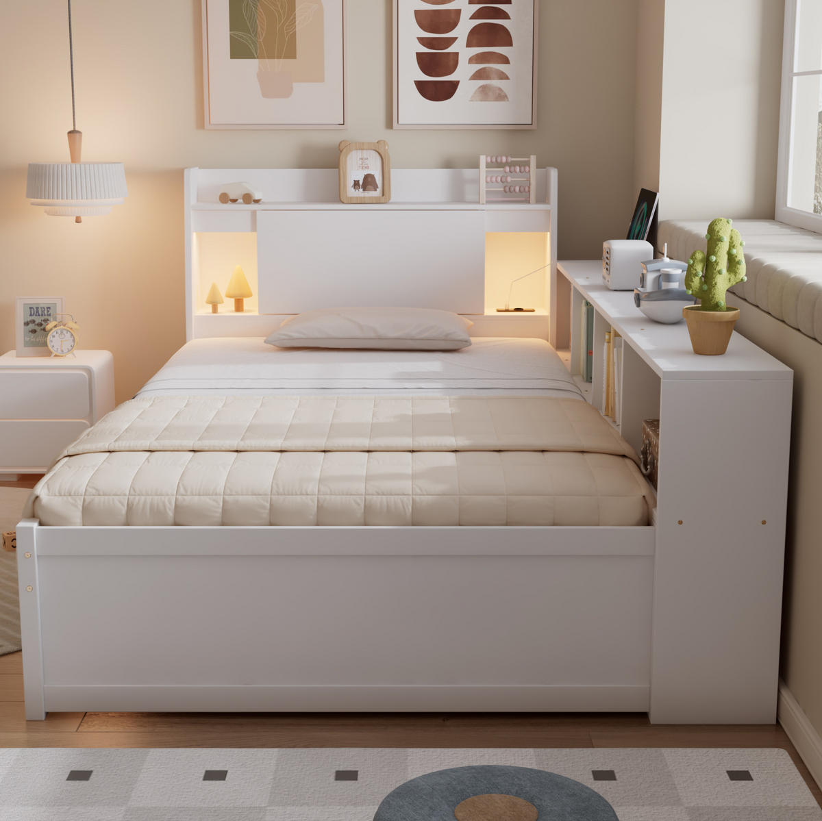 BETT 90/200 cm mit Kopfteil, Stauraum und Ladebuchse in Weiß, inkl. Lattenrost - Weiß, Holz (90/200cm) - BEAOK