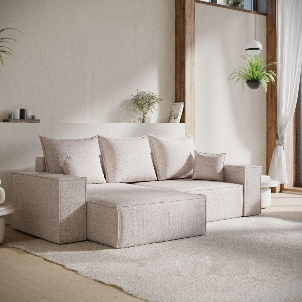 ECKSOFA SENSO mit Schlaffunktion Hellbeige im Neve Stoff - Sandfarben/Schwarz, Holz/Holzwerkstoff (255/148cm) - AltaBeds