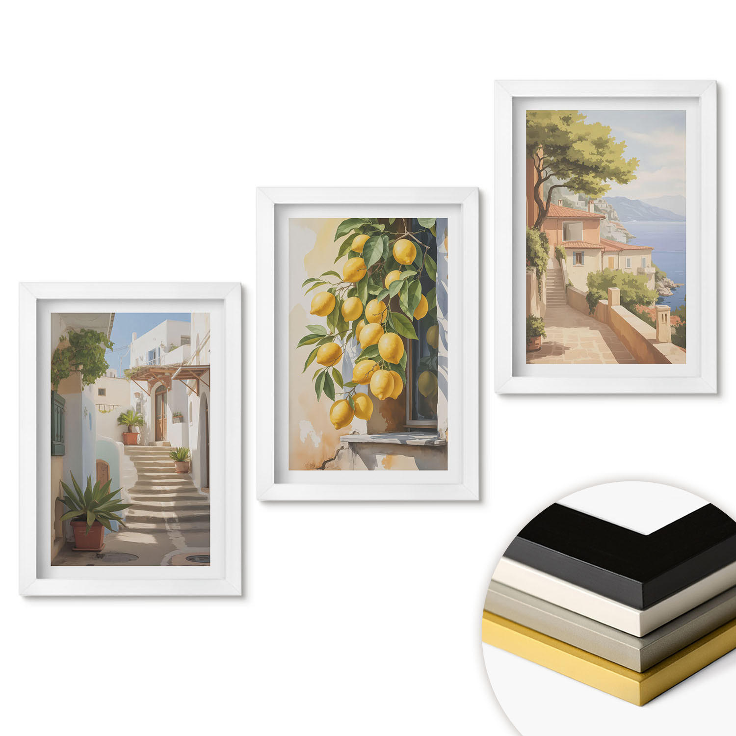 WANDBILDER 3er-Set - 20x30 cm Weißer Rahmen - Lemon Streets Meerblick - Weiß, Kunststoff (20/30cm) - ArtPrintCave