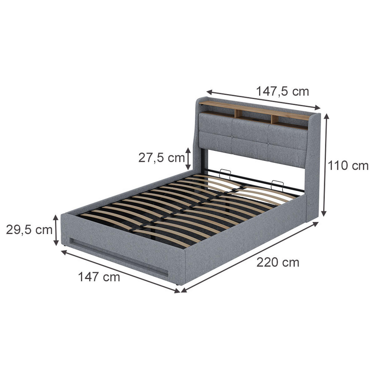 TAPECIRANI KREVET Christin Siva/Hrast 140x200 s madracem, LED rasvjetom i USB priključkom - siva/boje hrasta, drvni materijal - VitaliSpa