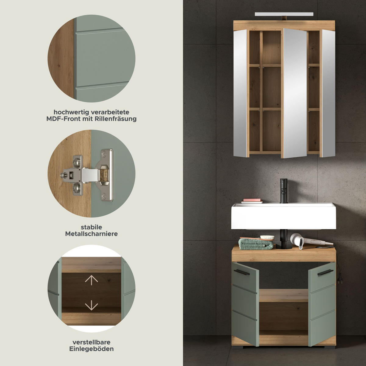 BADKOMBINATION 2tlg. Scout Bad in Artisan Eiche Nachbildung und Salbei Nachbildung B/H/T: 60x191x34 cm - Eiche Artisan, Holz (60/191/34cm)