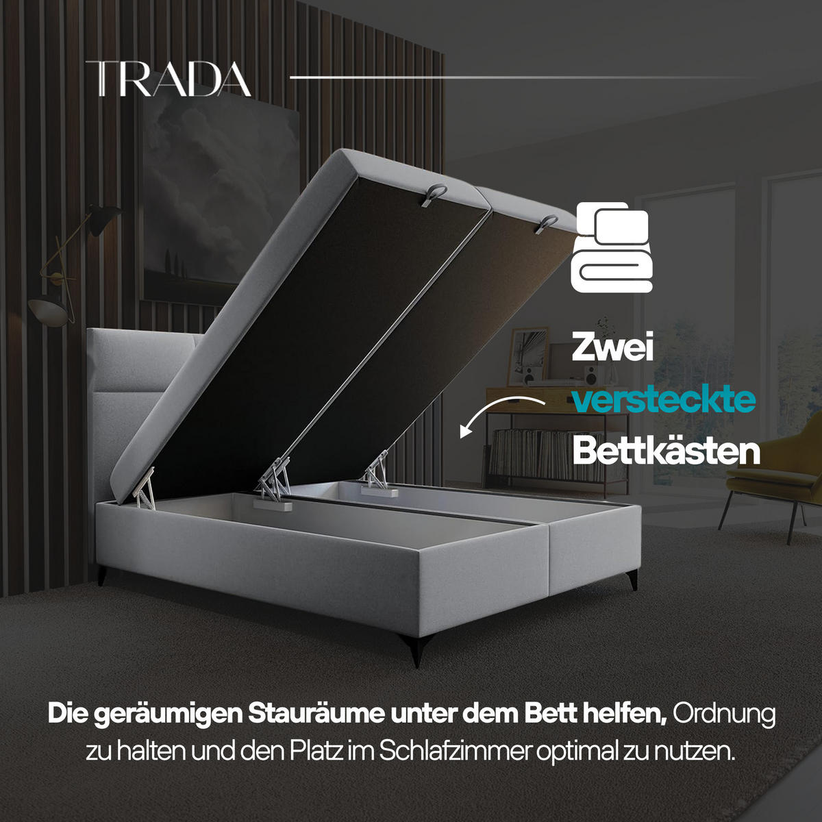 BOXBETT 140 x 200 cm mit Bettkasten und Bonellmatratze H3, LIMBA, mit Topper 5 cm und Metallfüße, Grau - Schwarz/Grau, Holzwerkstoff/Kunststoff (140/200cm) - Trada