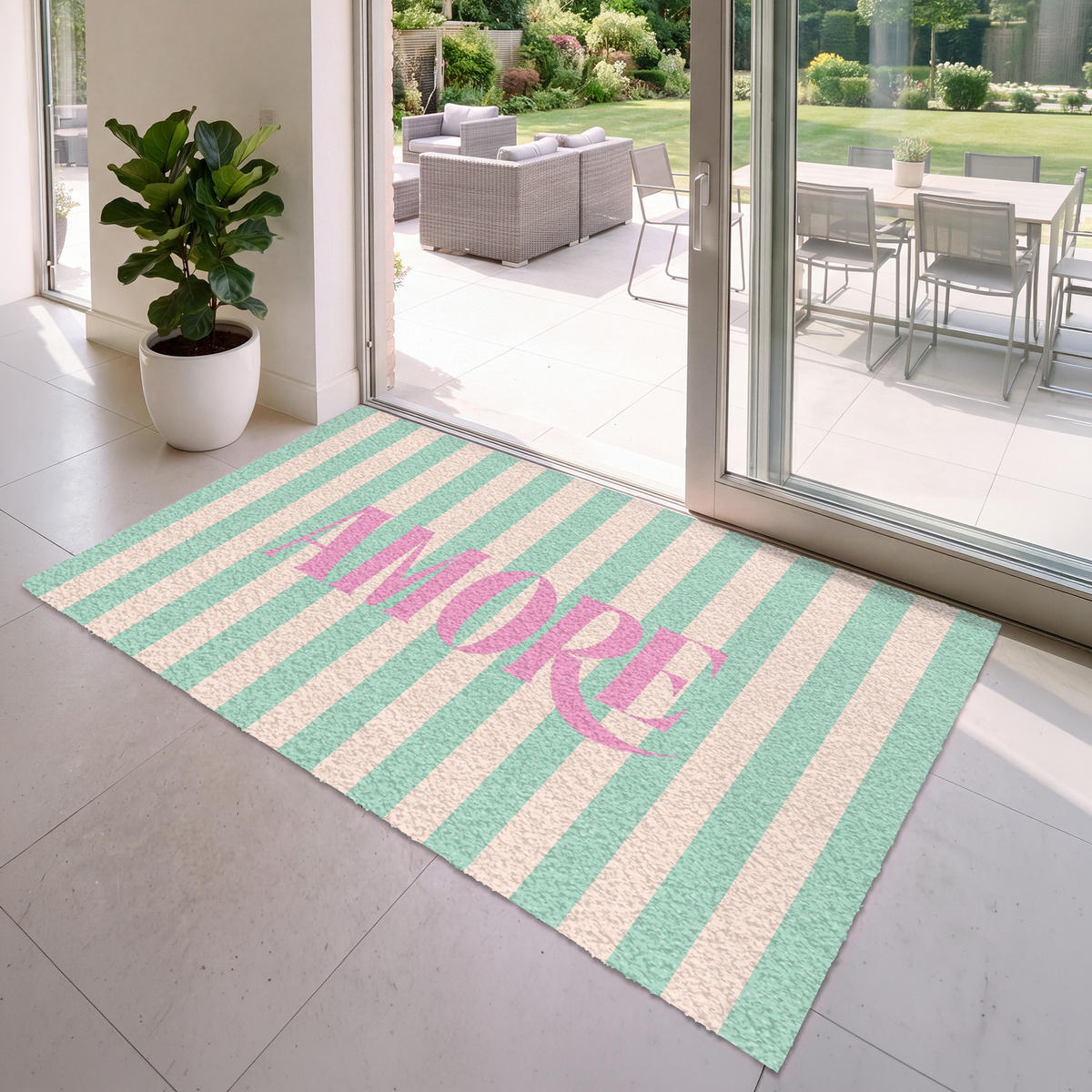 FUSSMATTE Rosa – Grün – Streifen – Amore 180x120 cm - Mintgrün, Kunststoff (180/0.4cm) - MuchoWow