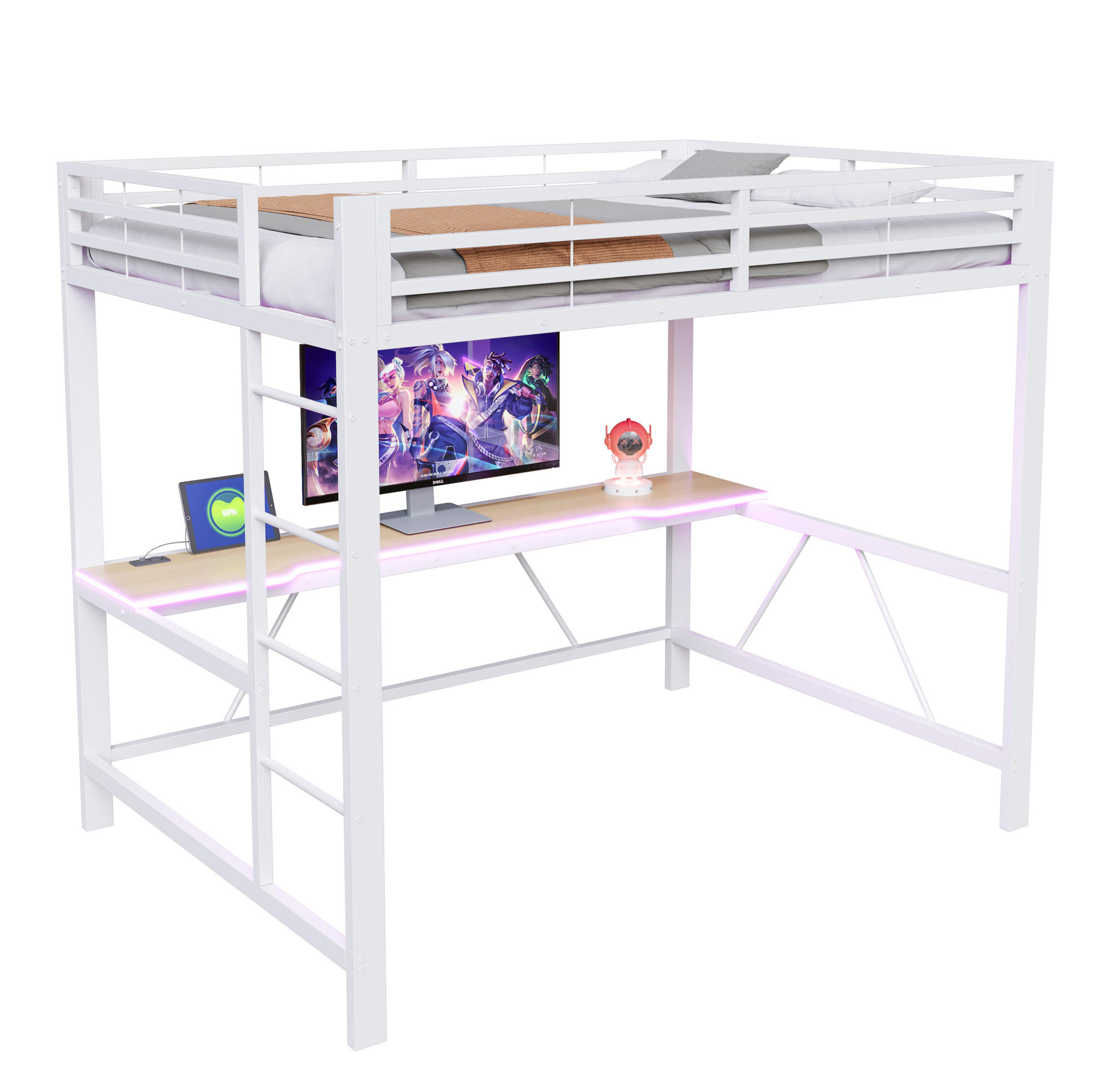 HOCHBETT 140/200 cm aus Metall und MDF mit Schreibtisch, LED-Beleuchtung und USB-Ladestation Weiß - Weiß, Holzwerkstoff (140/200cm) - Modenvie