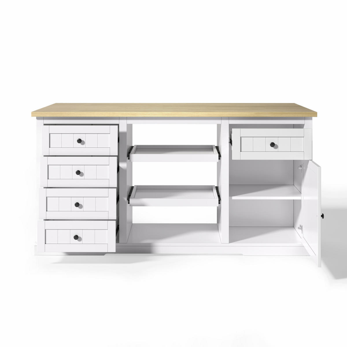 BUFFET aus MDF 150x65x75,5 cm Weiß/Natur mit Klappplatte, Steckdosen, 2 USB-Anschlüssen und 5 Schubladen - Naturfarben, Holzwerkstoff (150/75.5/65cm) - Modfu