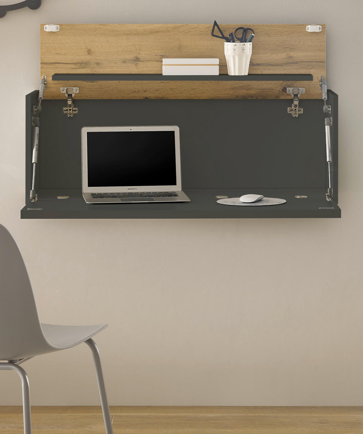 SEKRETÄR Grau matt, Eiche Wotan 100 cm, Wandschrank mit klappbarem Oberboden - Eiche Wotan/Grau, Holzwerkstoff (30/100/35cm) - Furn.Design