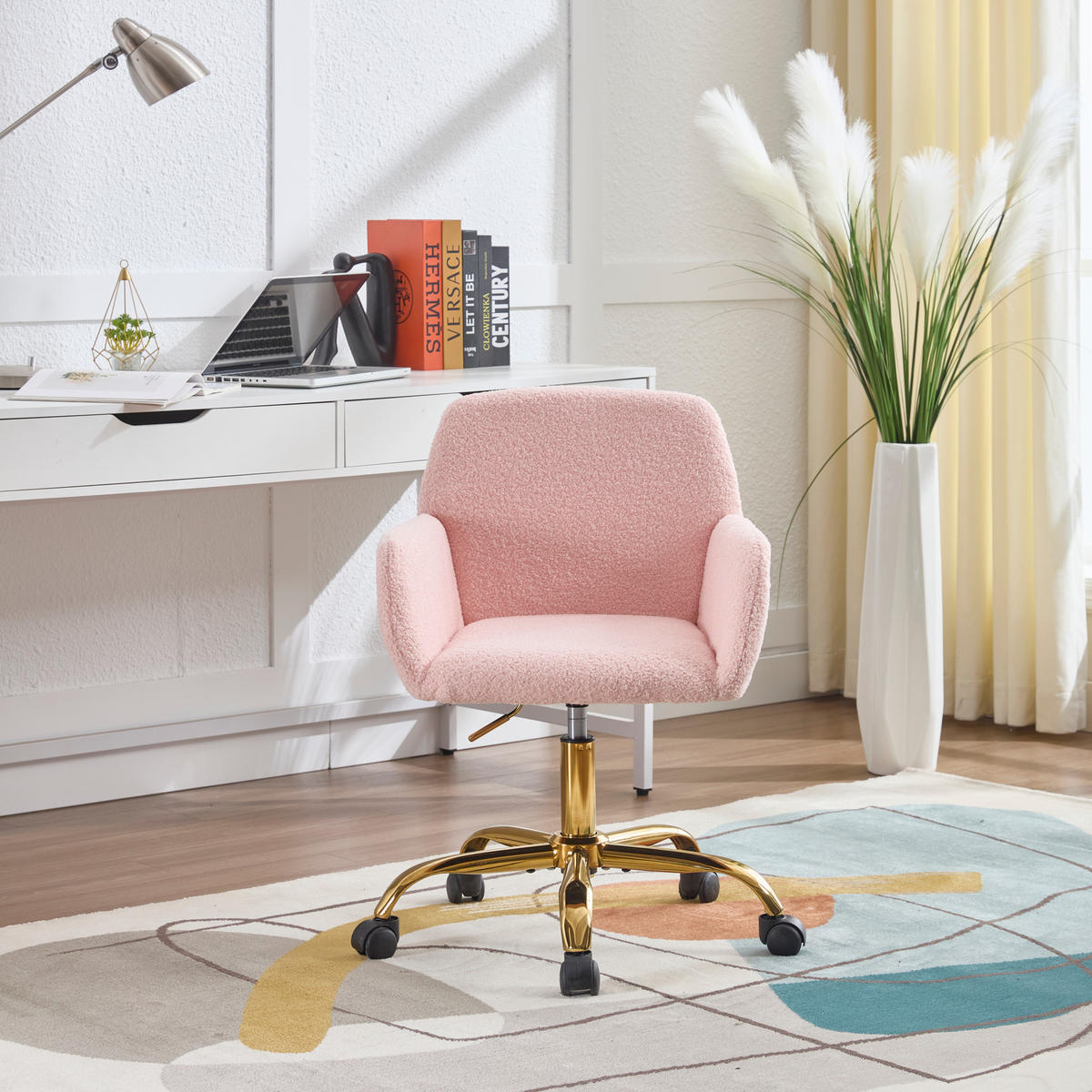 DREHSTUHL DE-41052 mit Kunstpelz-Bezug und goldenen Beinen Rosa - Pink, Metall (53/55/53cm) - ComfortXL