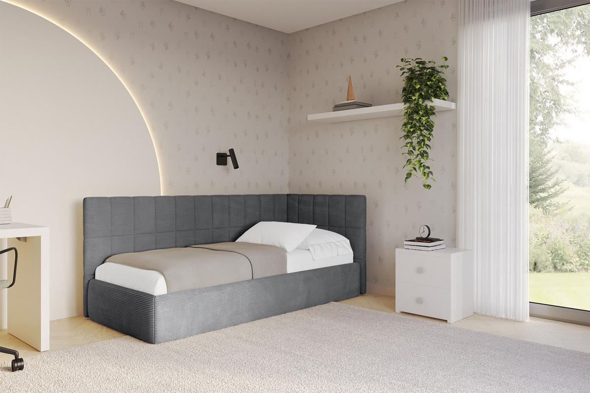 EINZELLBETT Jugendbett mit Bettkasten, Links - TULY 90x200 Dunkelgrau - Graphitfarben, Holzwerkstoff/Textil (90/200cm) - ALTDECOR