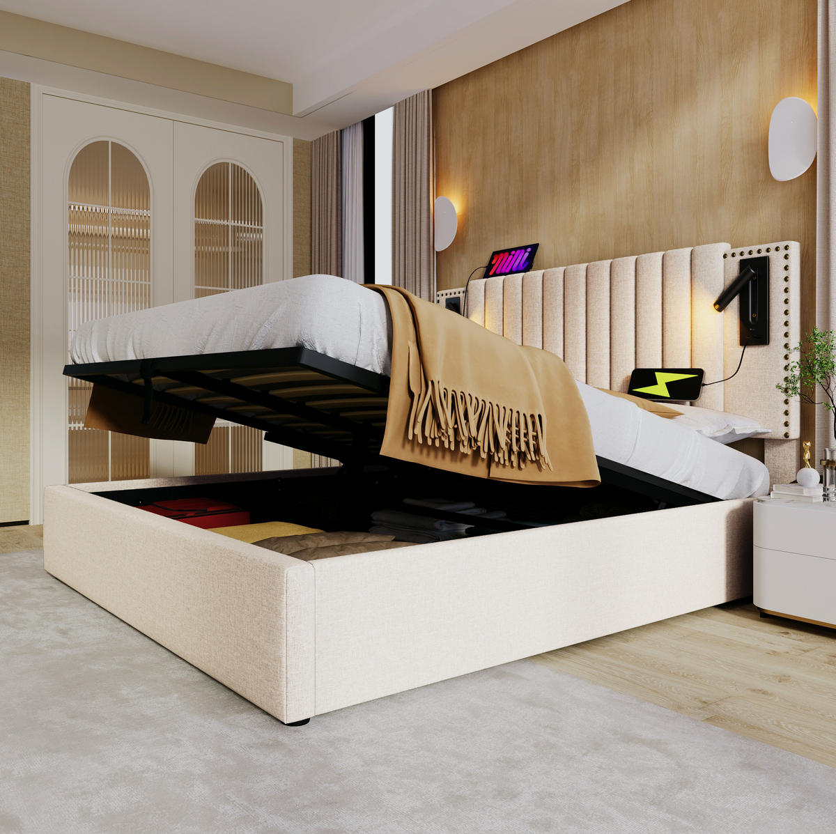 BETT mit Bettkasten 140x200 cm Baumwolle Beige - Beige, Metall (140/200cm) - Meubliv
