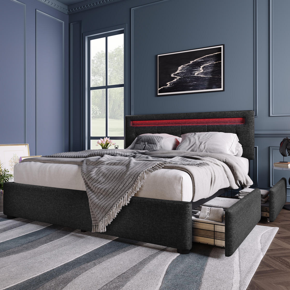 POLSTERBETT 140/200 cm mit LED-Kopfteil, 4 Schubladen & höhenverstellbarem Kopfteil, Schwarz - Schwarz, Textil (140/200cm) - Redom