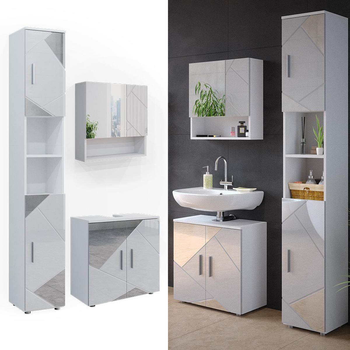 BADMÖBEL-SET Irma Weiß 3 Teile, mit Hochschrank - Weiß Hochglanz/Weiß, Holzwerkstoff (80/58.6/41cm) - Vicco