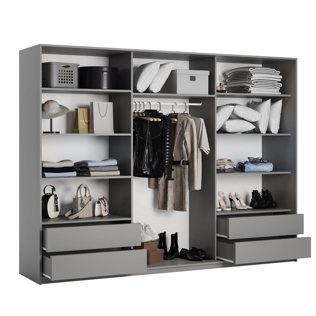 SCHWEBETÜRENSCHRANK VARO 250/205/60 cm 3-türig mit Spiegel und Schubladen Graphitfarben - Graphitfarben/Nickelfarben, Holzwerkstoff (250/205/60cm) - MASSENO
