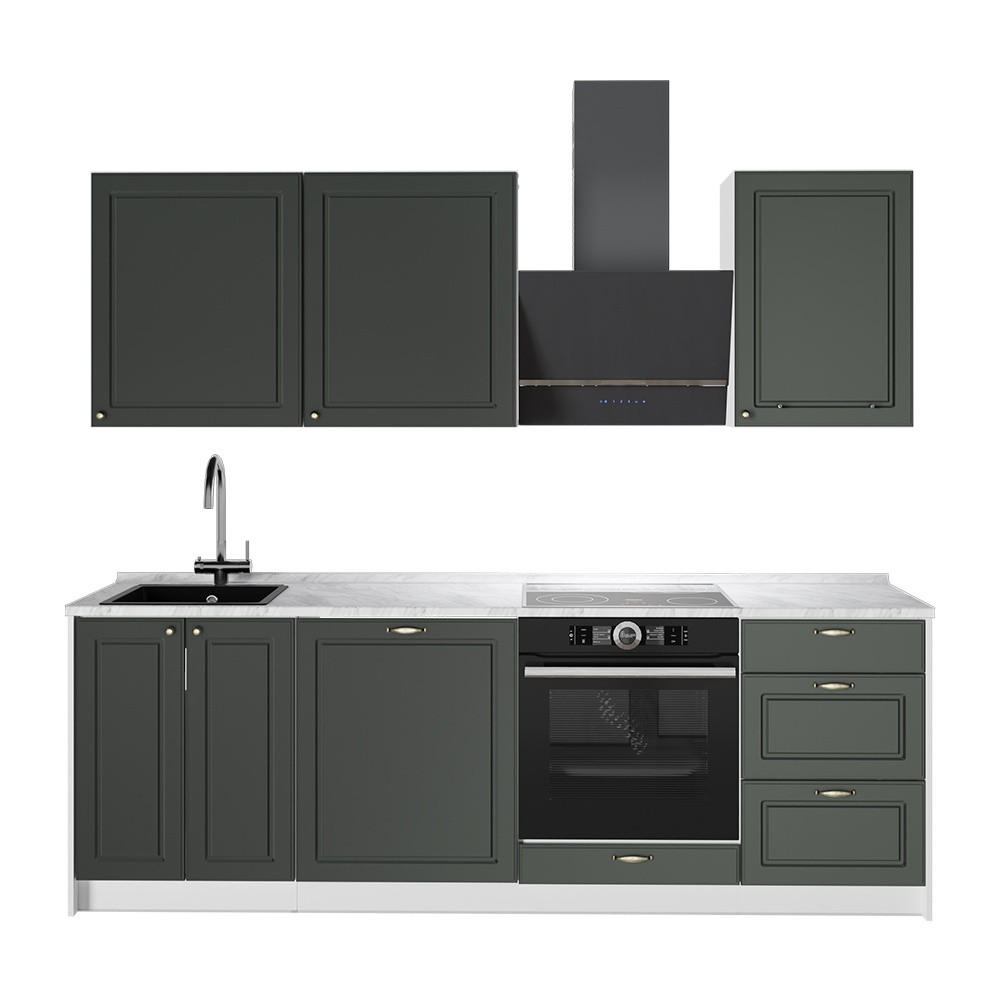 KÜCHENZEILE Fame-Line, Grün-Gold Landhaus/Weiß, 230 cm, AP Marmor - Weiß/Grün, Holzwerkstoff (230/82/60cm) - Vicco