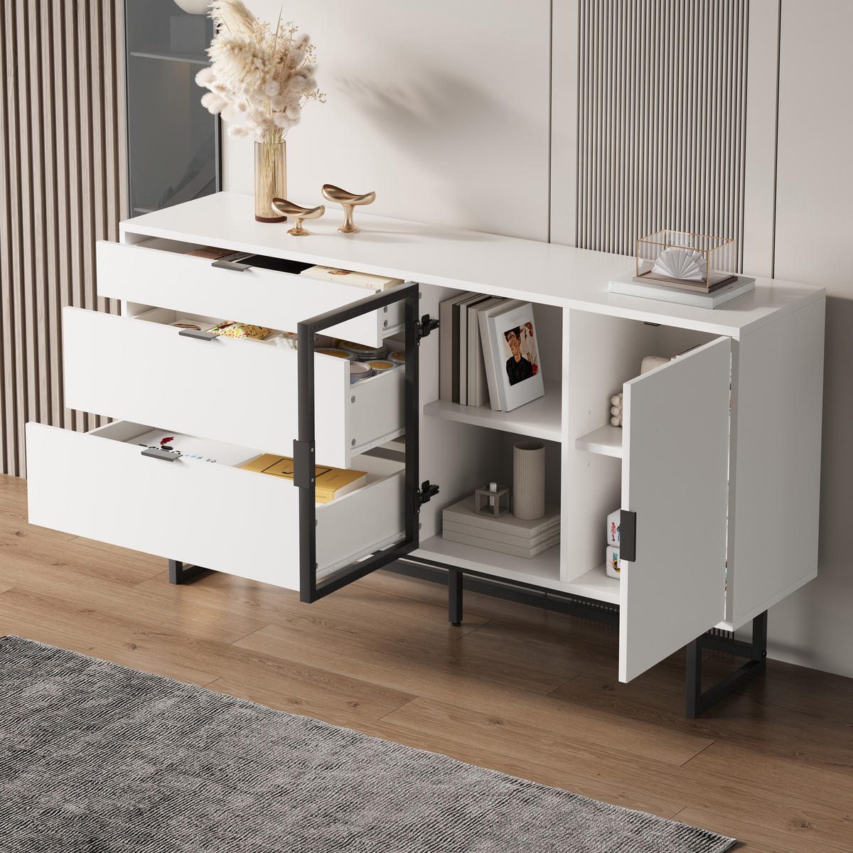 SIDEBOARD Weiß Glas Türen 3 Schubladen LED - Weiß, Holz (160/78/36cm) - LEBENLANG